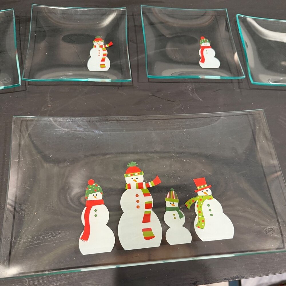Vintage Snowman-Themed Glass Serving Tray & 4 Small Plates Set - Picture 2 of 4